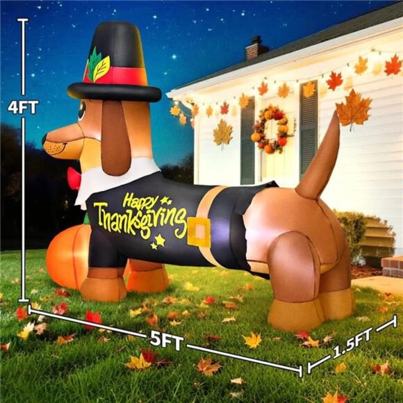 New 5FT Thanksgiving Inflatables Decorations Blow Up Dachshund with Pumpkin - Picture 2 of 7